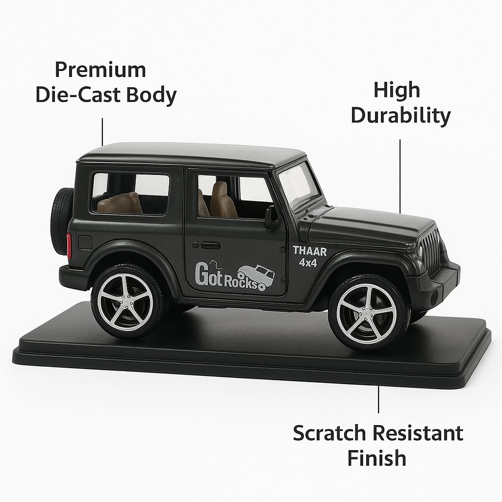 Pull Back Thar Toy Car for Kids – 1:28 Scale Die-Cast Model | No Battery Needed | Realistic Design | Gift Toy for Boys & Girls | Pull Back Action | Black Miniature Car 4x4 SUV Model (Multicolor)