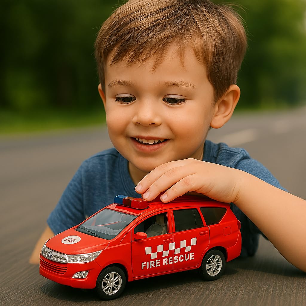 Police Die-Cast Model Car, 1:32 Scale, White, Pull Back Mechanism with Display Box (Fire Rescue Edition)