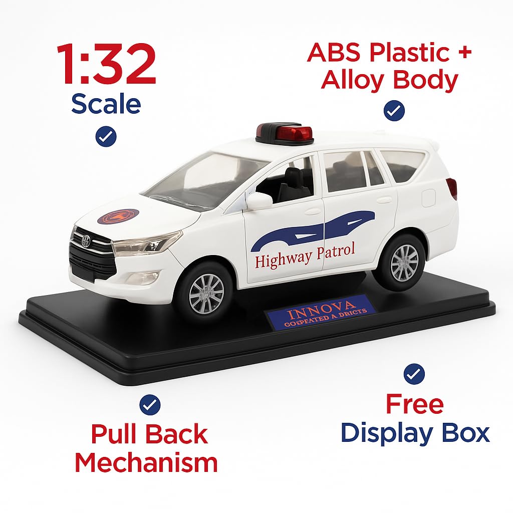 Police Die-Cast Model Car, 1:32 Scale, White, Pull Back Mechanism with Display Box (Highway Petroling Edition)