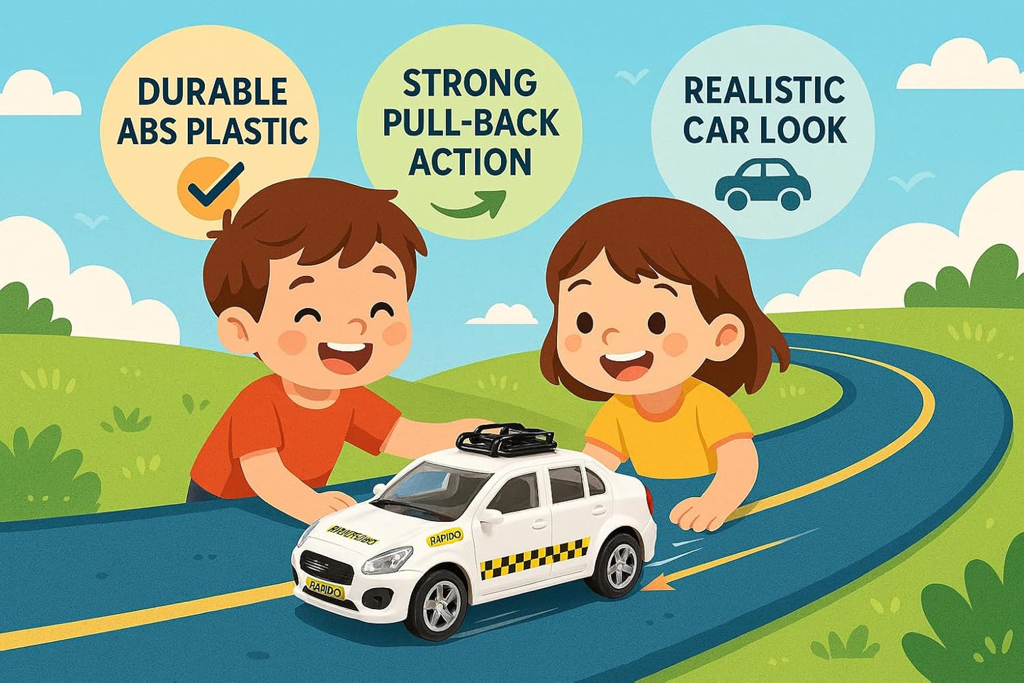 Premium Die-Cast Rapido Taxi Model Car, 1:28 Scale, Pull Back Action, White, 15 cm Length Car, Sedan, Toys for Kids, Birthday Gifts,Kids & Collectors