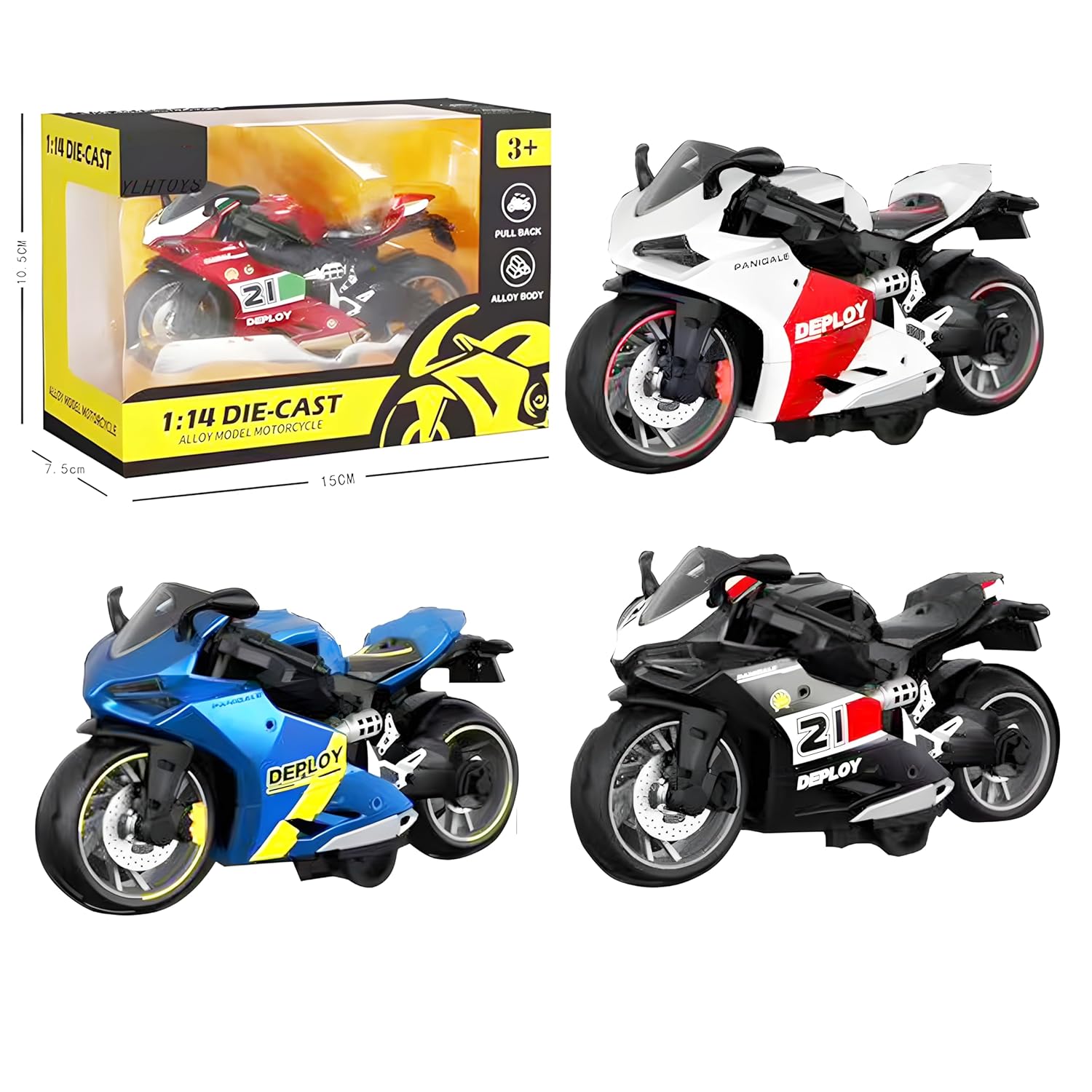 Sport Diecast Metal 1:14 Exclusive Alloy Metal Pull Back Die-cast Bike Pullback Toy Motorcycle with Multicolor & Boys Gifts Toys for Kids, Kawasaki Ninja H2R Model Bike (White)